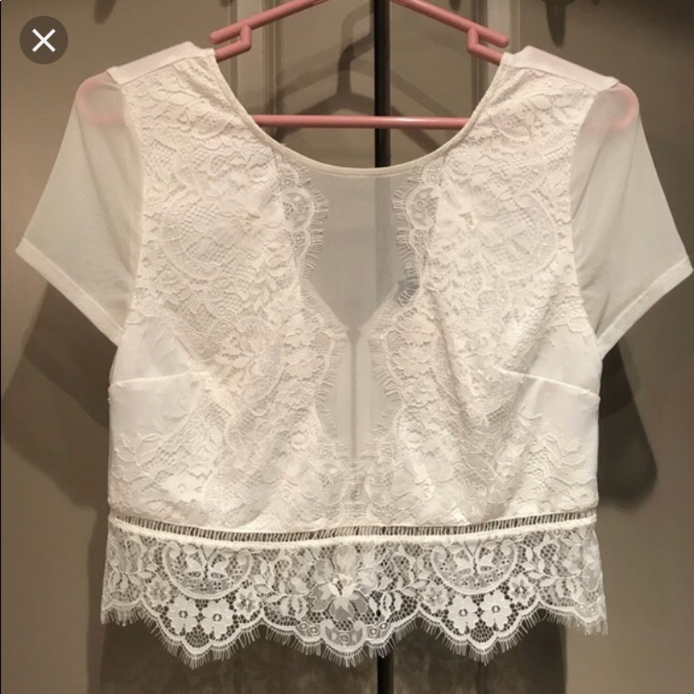 Express Lace trimmed and mesh white crop top